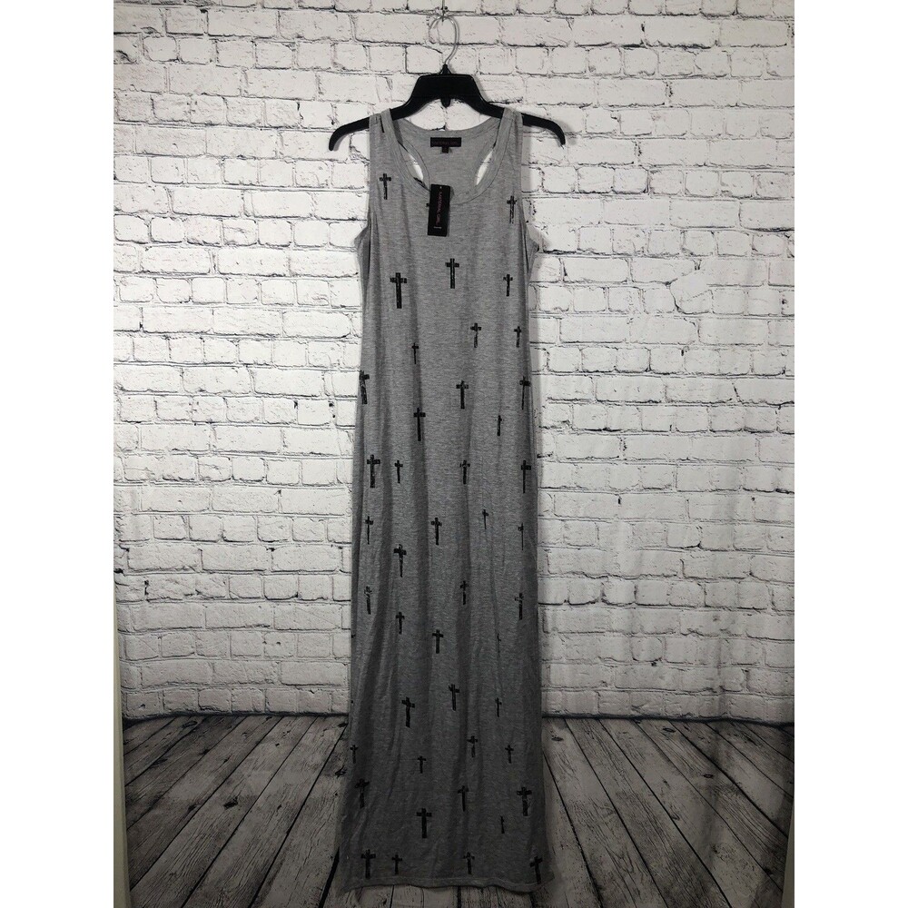 Material Girl Women Maxi Dress Racerback Cross Print Heather Gray Size S NWT